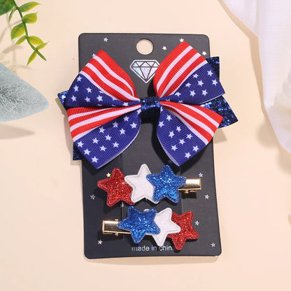 2/4 Sets of New American Patriotic items.  Five Pointed Star Bow Top Decoration Daughter/ Children's Flag Star Hair Clip Set