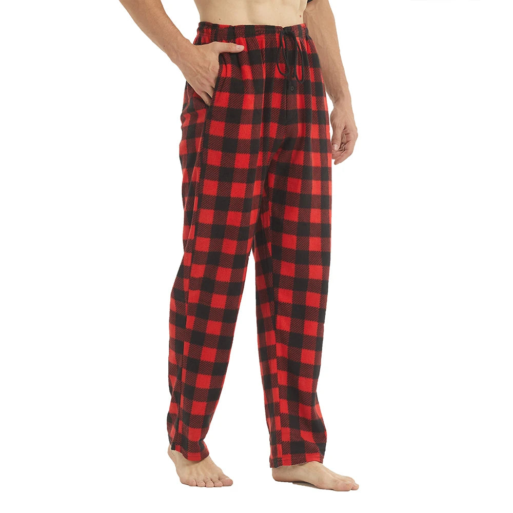 Mens Pajamas Pants with Pockets .  Fleece Pjs  that are Soft Warm .  Plaid Pajamas Bottom for  Lounge  or .Sleepwear