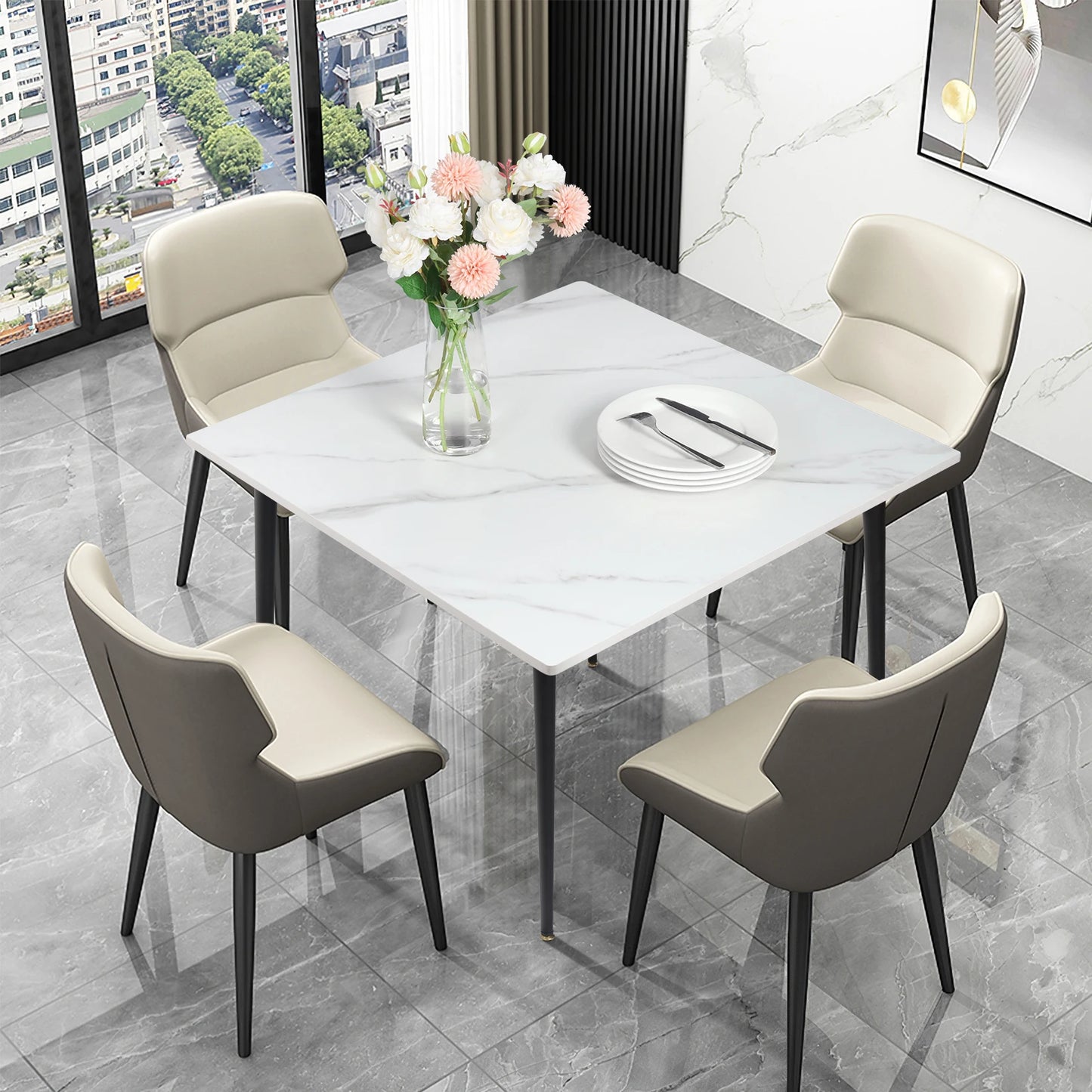 Mid-Century Slate Kitchen Dining Table with Sintered Stone Top and Metal Legs, Kitchen,  Dining Room