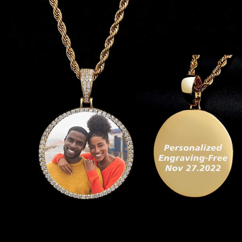 Hip Hop Jewelry Bling CZ Memorial Picture Frames Necklace Personalization Photo Custom 26/35/45/68.5MM Circle Medallions Pendant