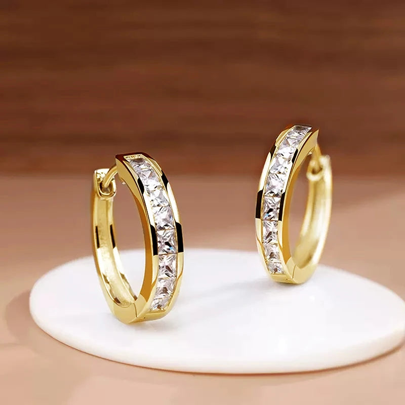 Classic Design Hoop Earrings,  Full with Princess Square CZ's.   Simple and Elegant Accessories Versatile Jewelry Perfect for MOTHERS DAY Gift