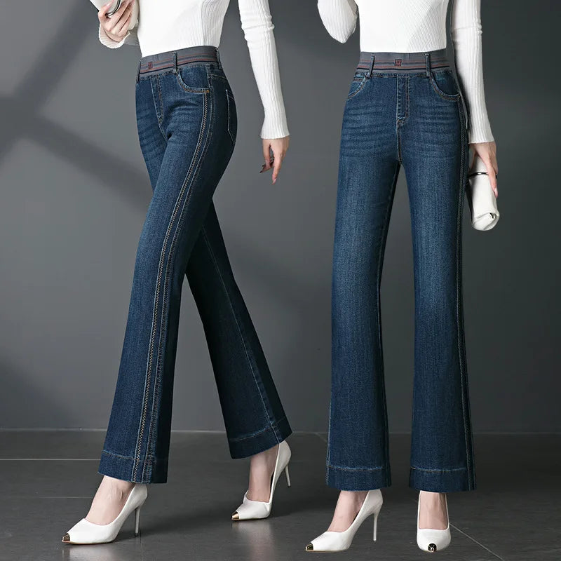 Women's Autumn New High Quality Mid to High Waist Micro Jeans.  Large Size Elastic Waist Stretch, Slimming Casual Pants