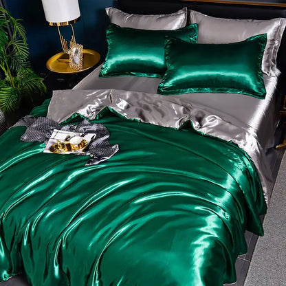 Nordic Satin Silk Bedding Set with Duvet Cover,  Bed Sheet,  Pillowcases.   Luxury Solid Single, Double, Couple Pillow Case and Bedsheet