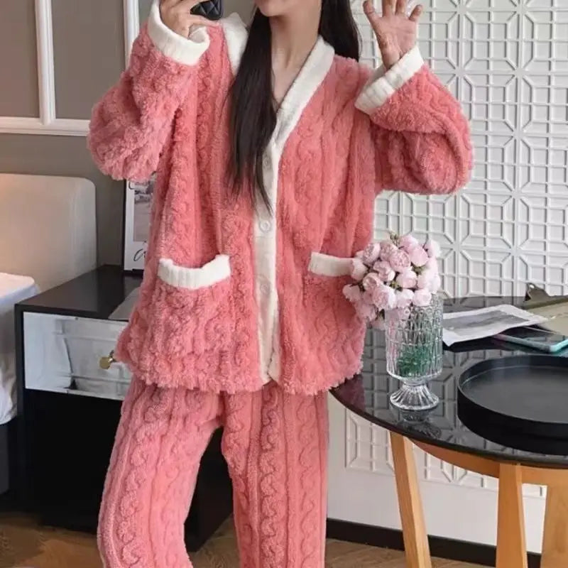 Leisure  with Autumn/Winter Women's Warm Velvet Pajamas with ,Loose Round Neck Elastic Top, Warm Wool Elastic Waist and Tight Leg Pants Set