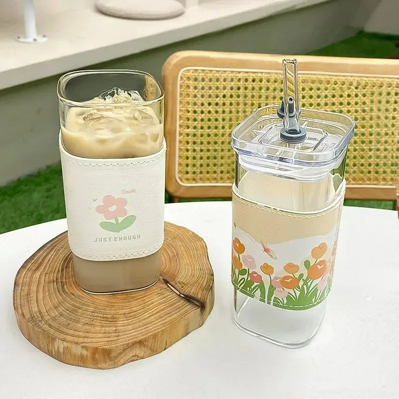 1Pcs Square,  Heat Resistant Coffee /Glass Cup With Lid and Straw, Transparent