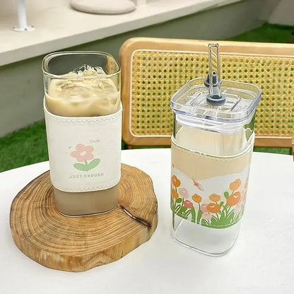 1Pcs Square,  Heat Resistant Coffee /Glass Cup With Lid and Straw, Transparent