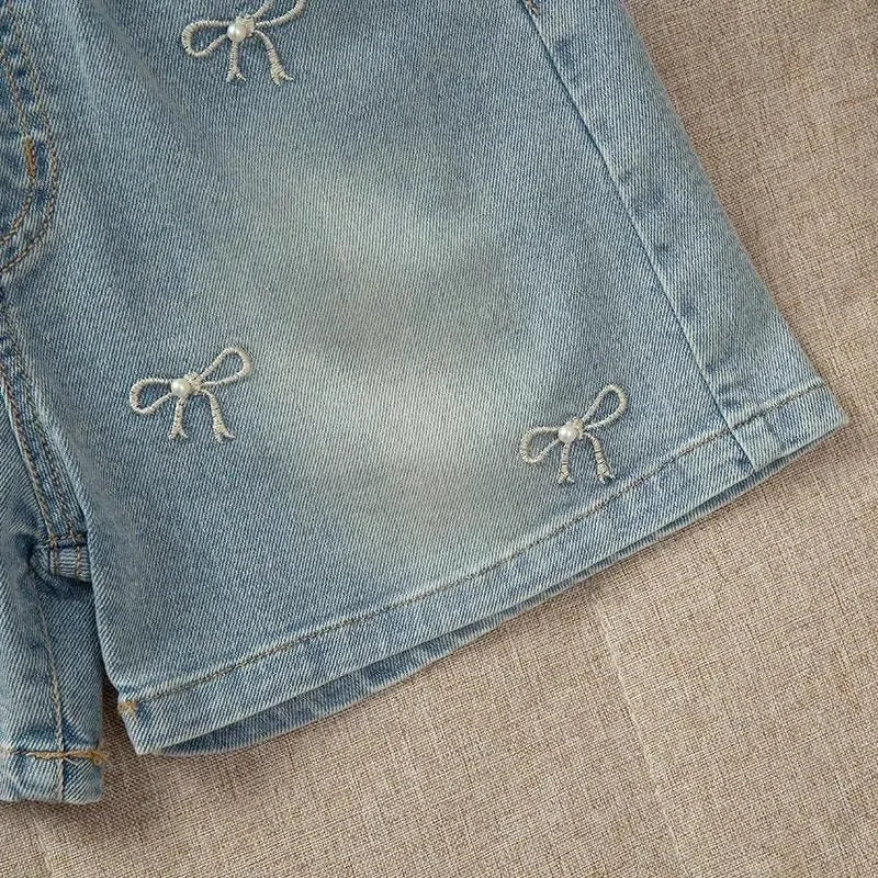 Girls  Summer  Shorts /Jeans,  Fashion Embroidery with  Bow,  Short Denim Pants For 2-12 Year Old Girls, Cotton Trousers