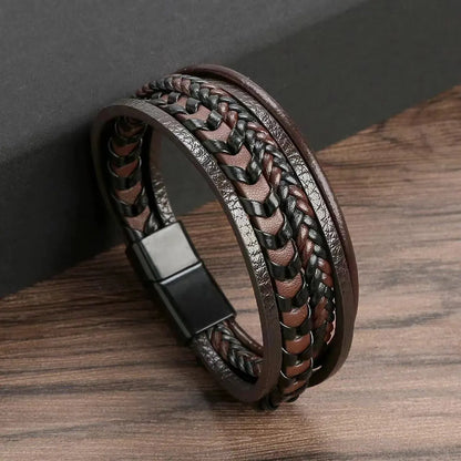 1pc Fashion Accessories MEN'S Multi-layered Vintage Leather Rope Braided Bracelet.  Women who don't have tiny wrists might find a fit.   Alloy Magnetic Buckle Bracelet.  BROWN then Black available if you hurry.  Blue is almos