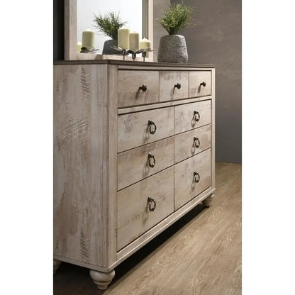 Contemporary White Wash Finish 5-Piece King Bedroom Set - Bed, Dresser, Mirror & 2 Nightstands