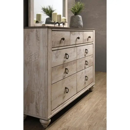 Contemporary White Wash Finish 5-Piece King Bedroom Set - Bed, Dresser, Mirror & 2 Nightstands