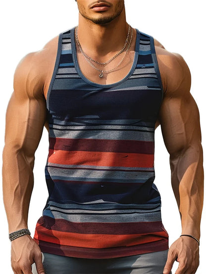 Retro Striped Graphic Tank Tops For Men. Casual Summer Sleeveless 3D Printed Vest,  Loose Crew Neck Quick Dry Sports Tees.  10 different Stripe Choices.  Lots of size choices also.