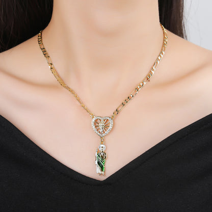 Catholic Saint Jude Heart,  Pendant NecklacE,  Gold Plated/ Rhinestone Religious Jewelry for Women Men, Prayer Gift
