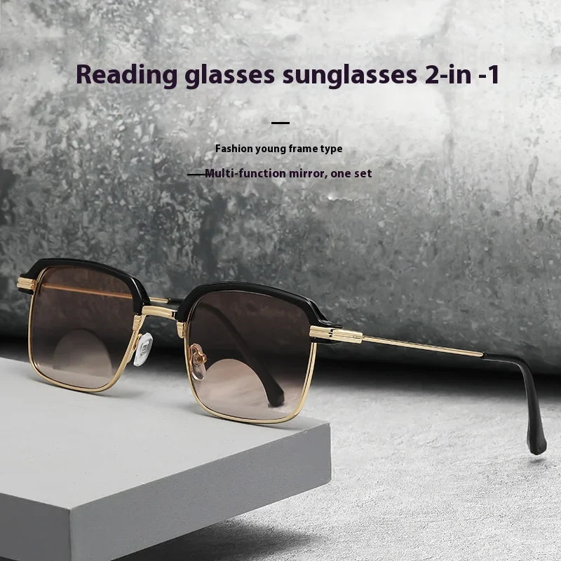 2-in-1 Popular Metal Bifocal Presbyopia Glasses, with Anti-Blue Light Reading Glasses/ Sunglasses for Both Near and Far Use