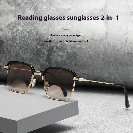2-in-1 Popular Metal Bifocal Presbyopia Glasses, with Anti-Blue Light Reading Glasses/ Sunglasses for Both Near and Far Use