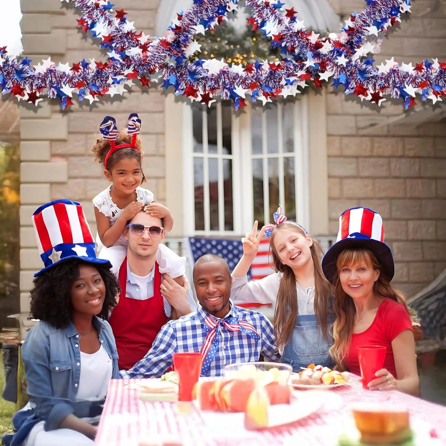 4th of July Garland Decorations,Glitter Tinsel Patriotic Decor for Tree Car Golf Cart Parade Float Bike Party Table Yard Door