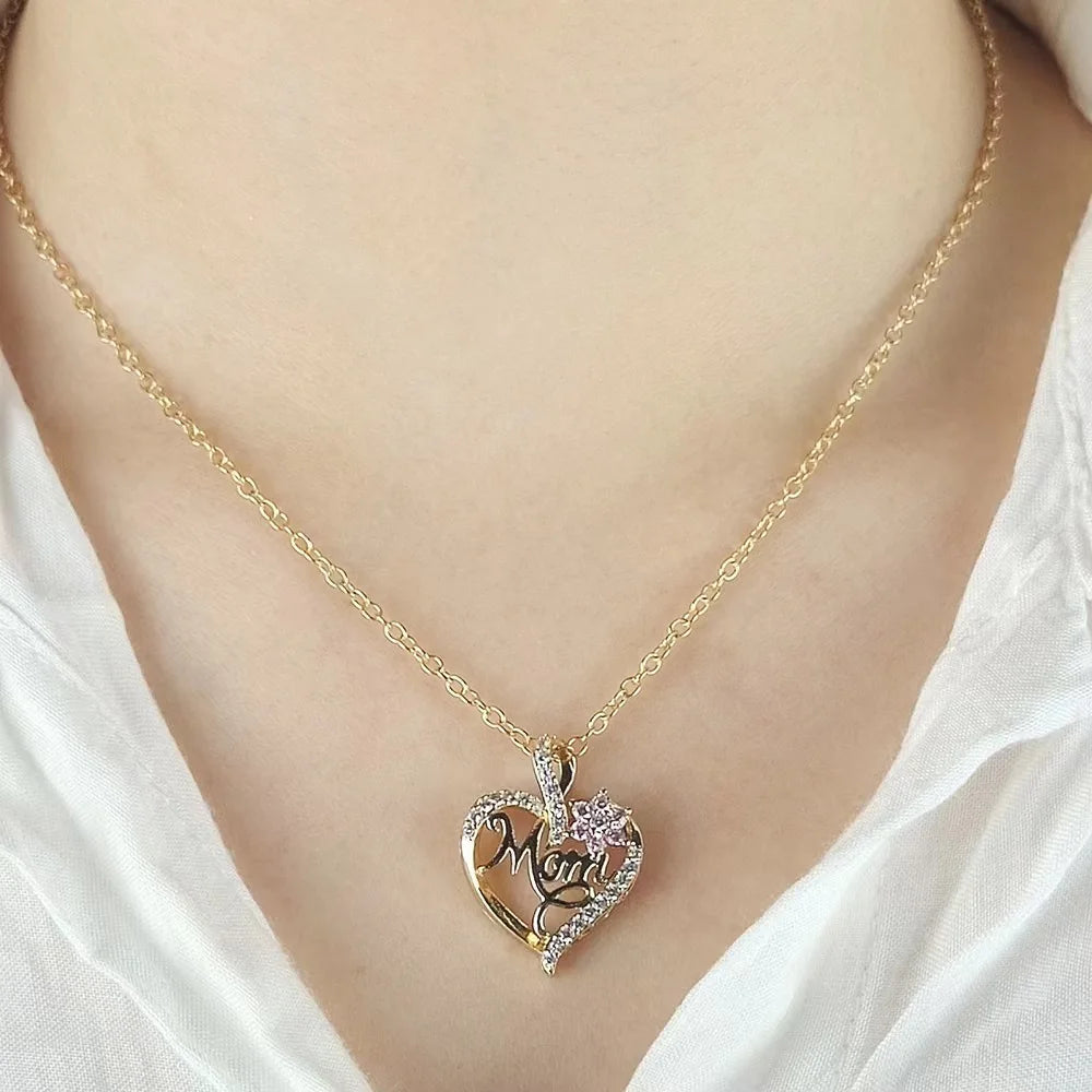 Gold-Plated Mom Heart Necklace with Cubic Zirconia - Dainty Valentine's Day Gift for Womens Fashion Jewelry