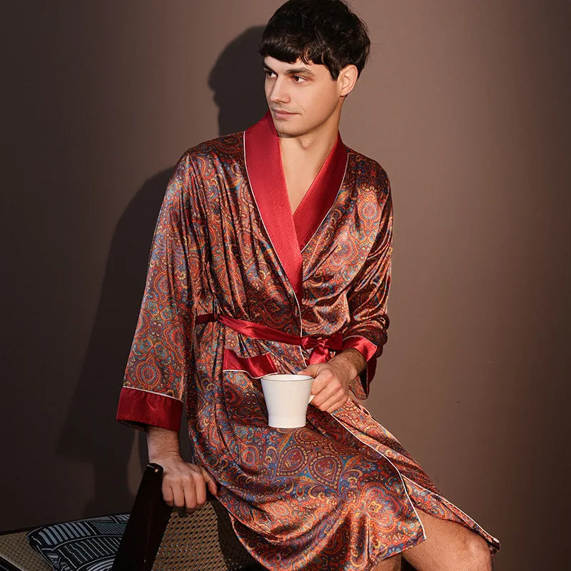 High Quality Nightrobes for  Men.   Summer Thin Bathrobe,  Large Size,  Ice Silk Printed Pajamas One-piece Robe, Loungewear, Spring