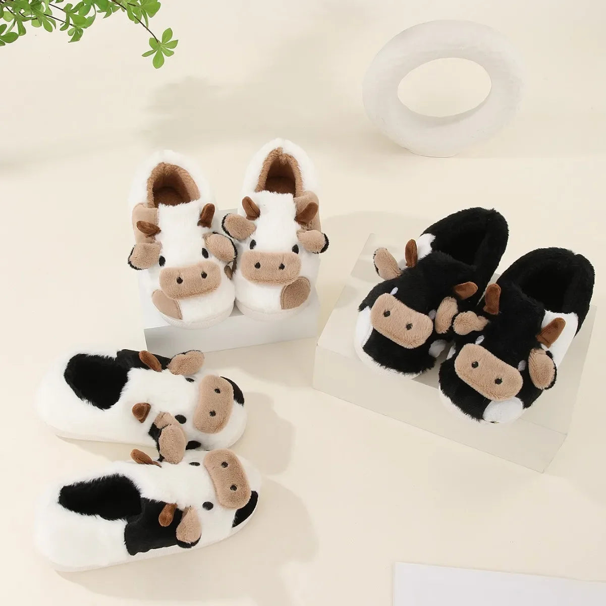 Winter Home Slippers for Warm Plush COMFORT FOR CHILDREN. NICE AND FRIENDLY Neutral Cartoon Cow for a little Indoor Fun. Anti-Slip for safety at Home.
