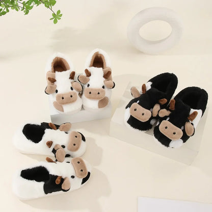 Winter Home Slippers for Warm Plush COMFORT FOR CHILDREN. NICE AND FRIENDLY Neutral Cartoon Cow for a little Indoor Fun. Anti-Slip for safety at Home.