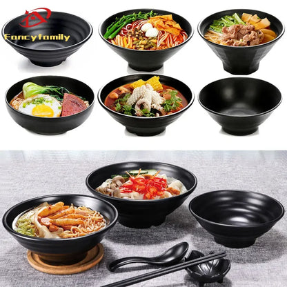 Fancy family Black Frosted Melamine.  Japanese Style Beef Ramen Bowl with Bamboo Hat Shape . Soup Bowl Tableware