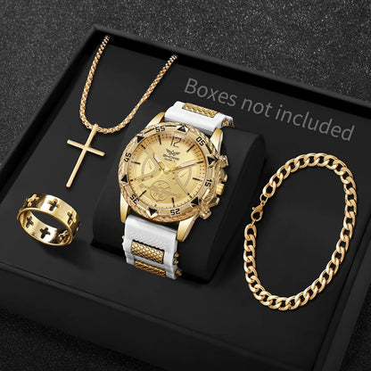 4PCS Fashion Arabic Dial Men s Business Quartz Watch with Casual Silicone Strap  on Wristwatch and including the 3- piece Necklace Set.(Without Box)All styles are available as I am typing.  This attractive set can easily be g