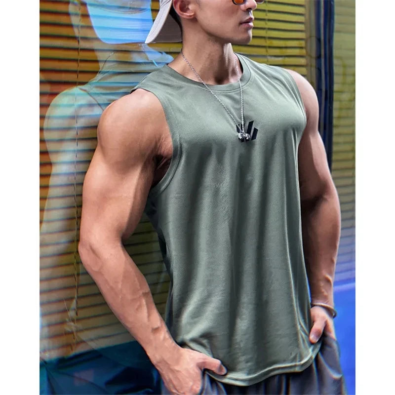 Summer Gym sleeveless T-shirt,  High Quality mesh Shirt, Mens  Tank Tops,  running,  fitness Sports