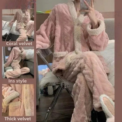 Coral Fleece Pajamas Women New Autumn and Winter 2024 Thickened Fleece-lined Graceful Couple Online Celebri Home Wear Set