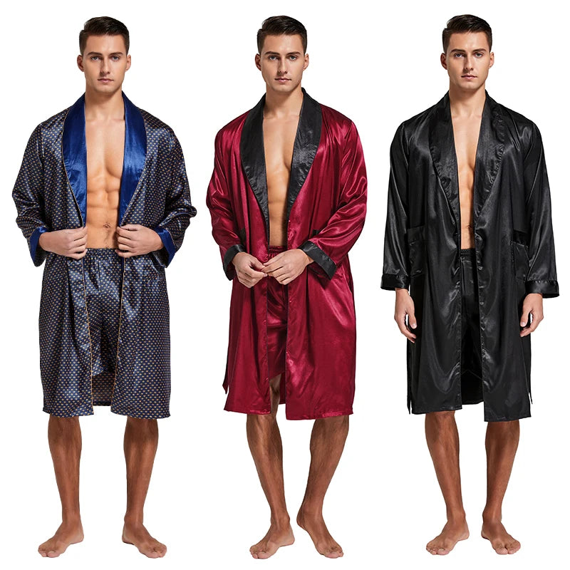 Men’s Satin Robe,  Lightweight  Silk with Long Sleeves.  Kimono Style Bathrobe including  Shorts Set