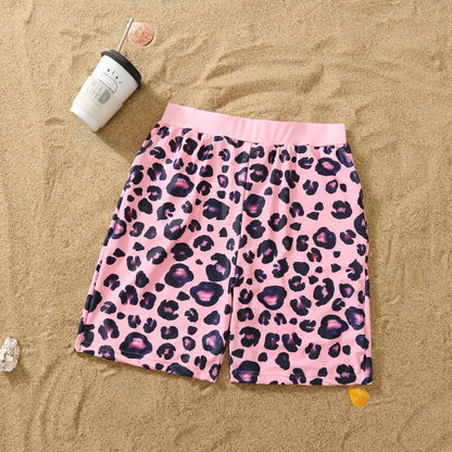 Summer Mom -Daughter/ Dad -Son Matching Swimsuit in Pink Leopard Frill Trim One-piece Suit Swimwear Trunks Beachwear Family Look