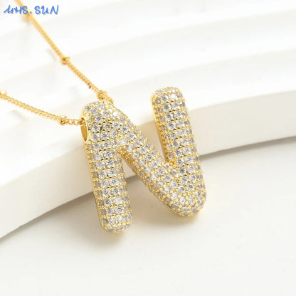 MHS.SUN Gold Plated Balloon 26 Letter Necklaces Copper Zircon Bubble Initial Pendant Chunky Women Personality Chain Jewelry