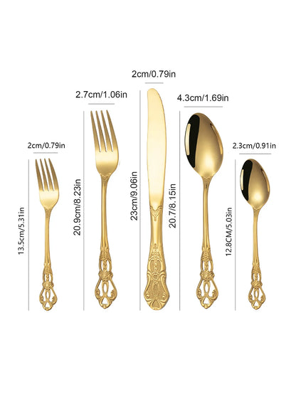 4/24pcs Elegant and durable vintage crown cutlery set - stainless steel cutlery for restaurants, home, parties and weddings.  The availability is limited to 4 pcs. of Gold, 4pcs of Silver, 24pcs. of silver.  Hoping this item