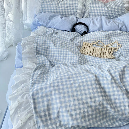 Korean Princess Style Lattice Double Layer Lace Bedding Set Soft Quilt Cover Plaid Style Duvet Covers Set Bed Sheet Pillowcases