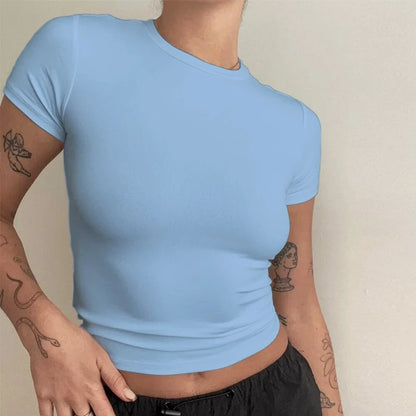Womens tight fitting, sporty TEE Shirt in several solid colors.