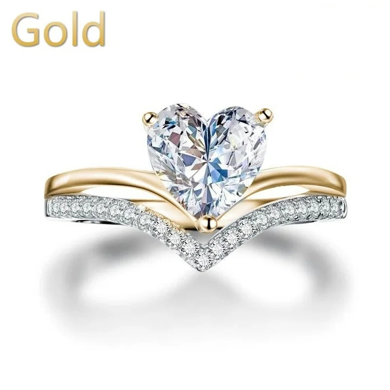 Delicate Silver Color  with White Zircon Stones.   Heart Rings for Women for Fashion, Bridal, Engagement, Wedding Ring Set