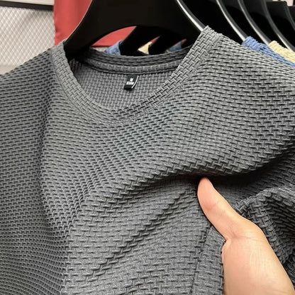 Men's Short Sleeve Mesh, Bamboo Ice Silk T-shirt, Casual, Versatile, Summer Elastic,  Slimming Top for Men