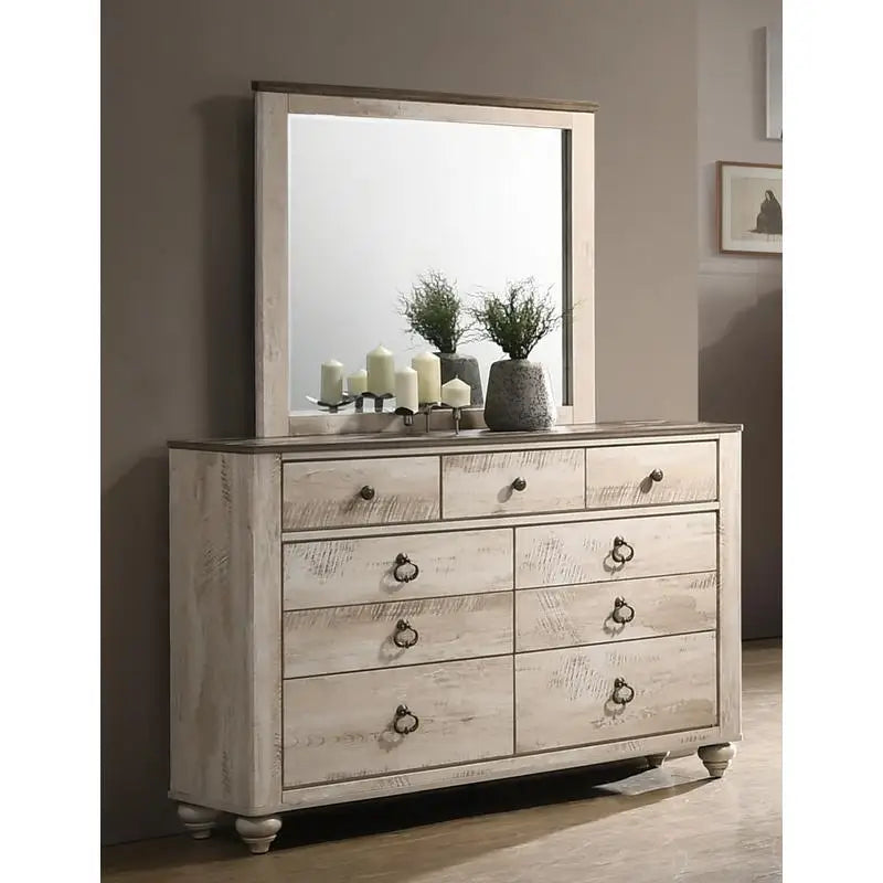 Contemporary White Wash Finish 5-Piece King Bedroom Set - Bed, Dresser, Mirror & 2 Nightstands