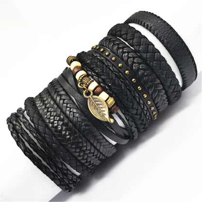 10 Pcs/set Black Wrap Woven, Handmade Mens  Bracelets. Male / Female Leather Bracelets.