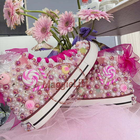 Handmade Rhinestones and Bling.  Girls/ Womens /Kids And Mother.   Candy Canvas Shoes.  Pearl Sneakers For Girls Birthday /Christmas Gift
