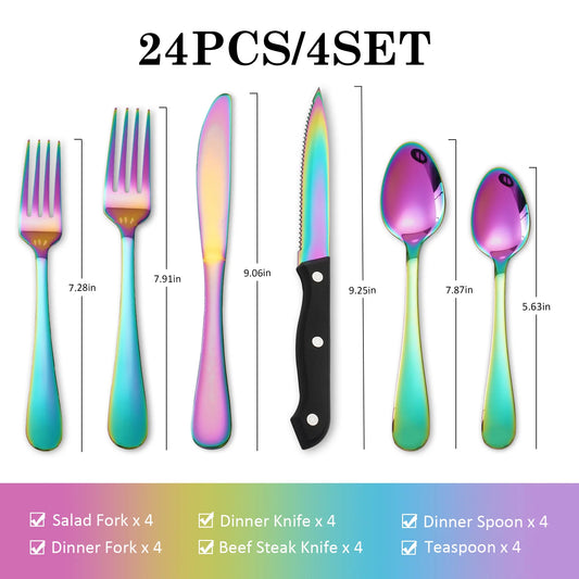 24 pcs Rainbow  Silverware Set,  Service For 4 Stainless Steel Flatware Serving Set,  Cutlery Set, Knife Fork And Spoon