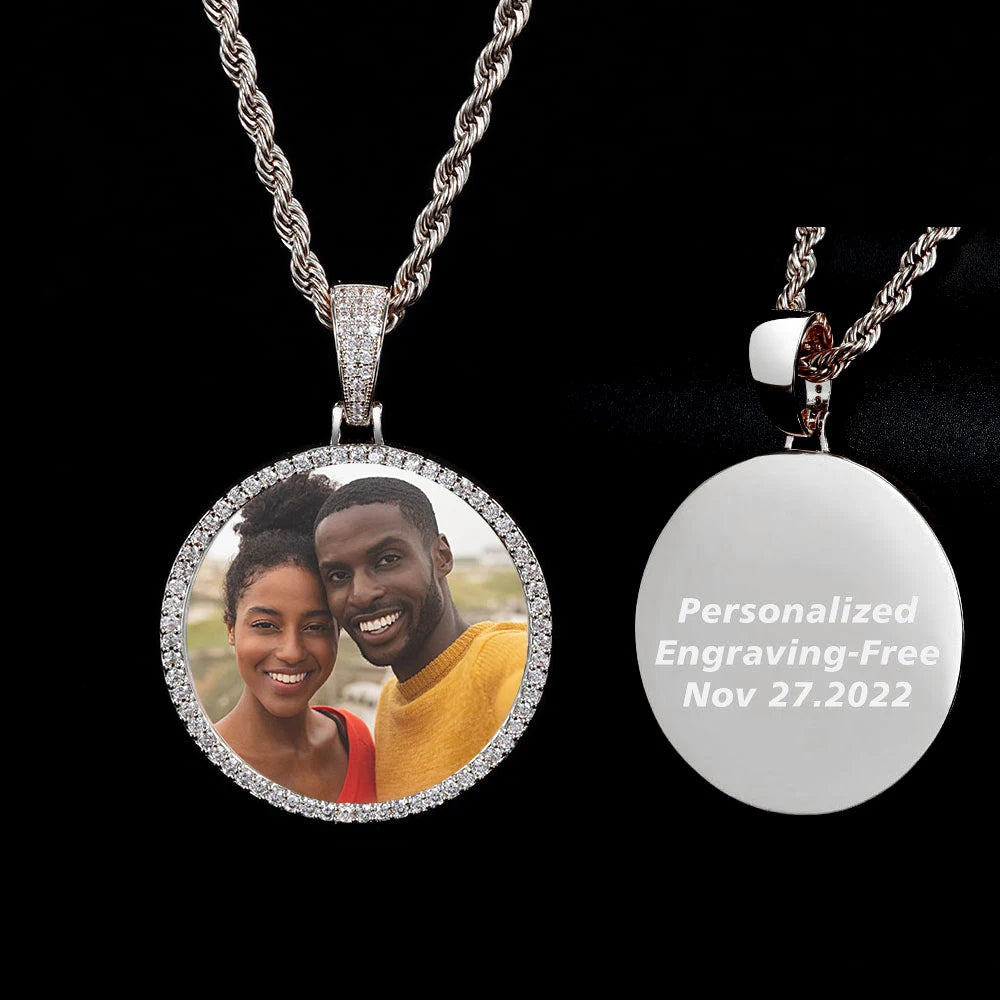 Hip Hop Jewelry Bling CZ Memorial Picture Frames Necklace Personalization Photo Custom 26/35/45/68.5MM Circle Medallions Pendant