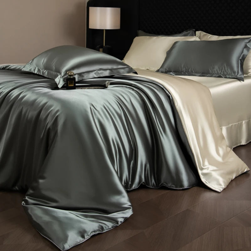 Silk Bed Sheets Set,   Luxury Bedding Set with Duvet Cover,  Fitted/Flat Bedsheet,  Pillowcases, Mixed with Rayon, King /Queen/ Full T/win