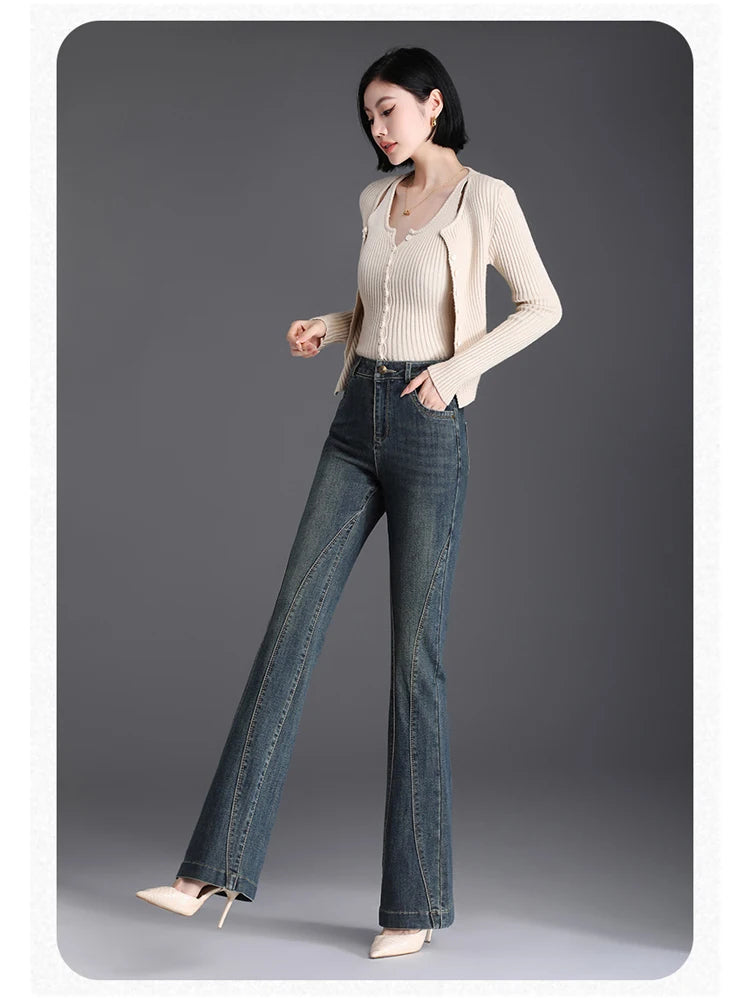 Women's Autumn/Winter New High Waist Micro Horn Jeans,  High Quality Fashion, Slimming,  Plush Casual Pants, Slight STRETCH