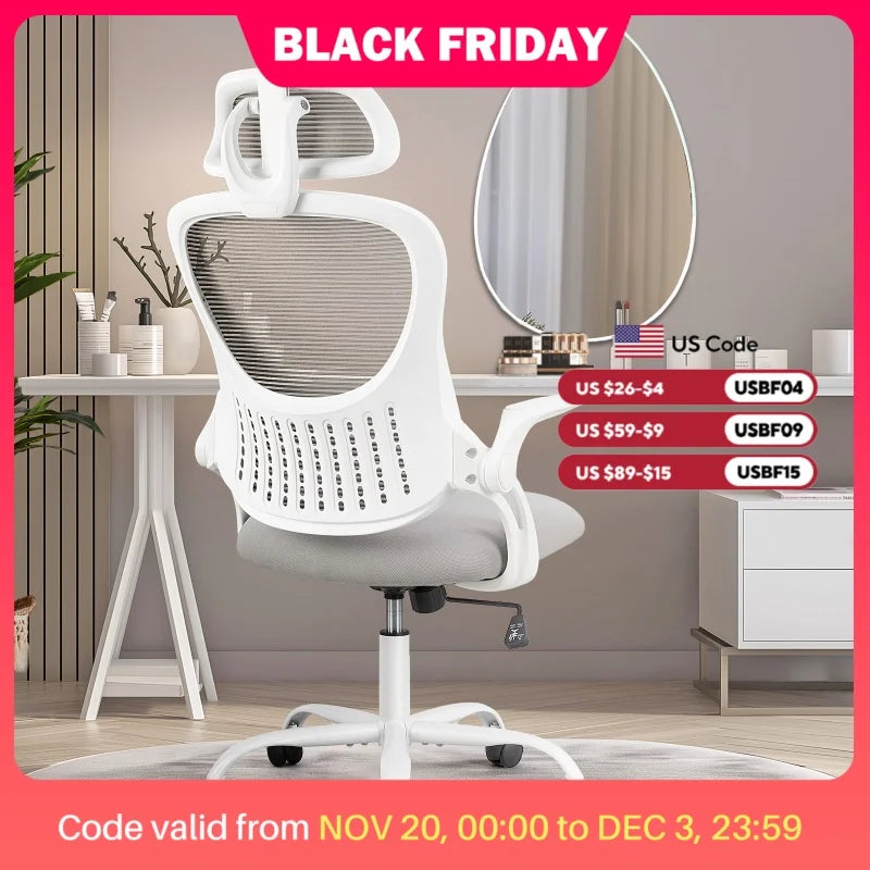 JHK Mesh Ergonomic Office Computer Desk Chair Flip-up Arms Adjustable Headrests Comfortable Lumbar Support For Home Office