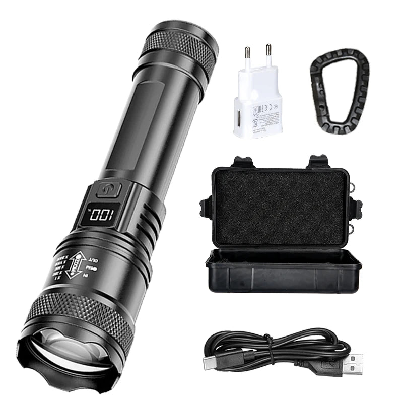 Rechargeable LED Flashlight Zoomable Torch with LCD Display, 3 Modes Waterproof High Power Hand Light, Outdoor Wilderness Camping