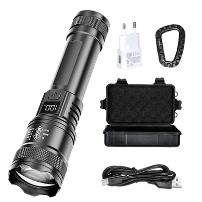Rechargeable LED Flashlight Zoomable Torch with LCD Display, 3 Modes Waterproof High Power Hand Light, Outdoor Wilderness Camping