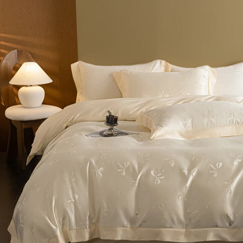 European Luxury Jacquard Ice Silk Duvet Cover Set,  Fashion Bow Pattern Queen King Bedding Set Skin Friendly Comforter Cover Set