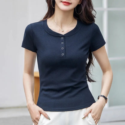 New Women Casual T-shirt Summer Fashion O-Neck Short Sleeve Solid Color Slim Tees Simplicity Basic Short T-shirt Female 4 colors, well-stocked.