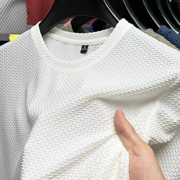 Men's Short Sleeve Mesh, Bamboo Ice Silk T-shirt, Casual, Versatile, Summer Elastic,  Slimming Top for Men