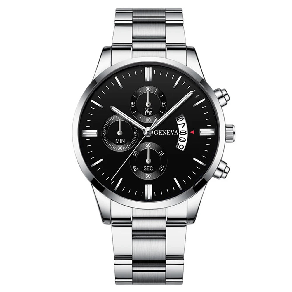 3PCS/Set Fashion Men's Stainless Steel Band Watch,  Casual,  Calendar Quartz Watch Jewelry Set（Without Box）Both Colors are Available