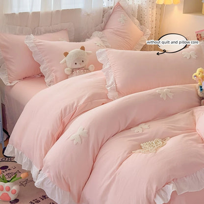 3 Piece Sheet Set  pink bowknot embroidery Quilt Set ， comfortable embroidery  Bedding Set Bedspread for All Season